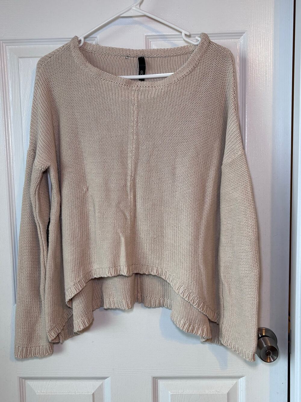 Elan Women’s Large Beige Hi-Low Knit Sweater Sequin Elbow Patches 100% Cotton